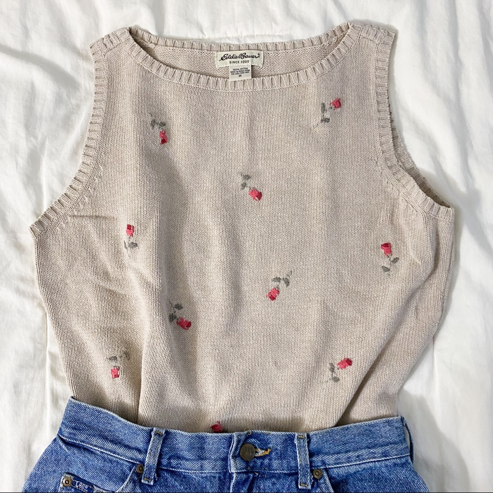 Knit Sweater Vest w/ Rose Embroidery Detail
